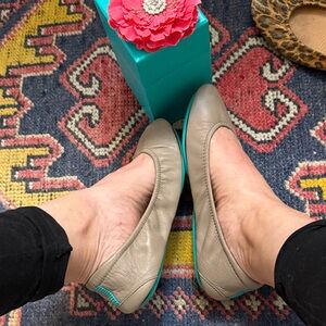 Tieks Taupe Leather Flats with Teal Soles